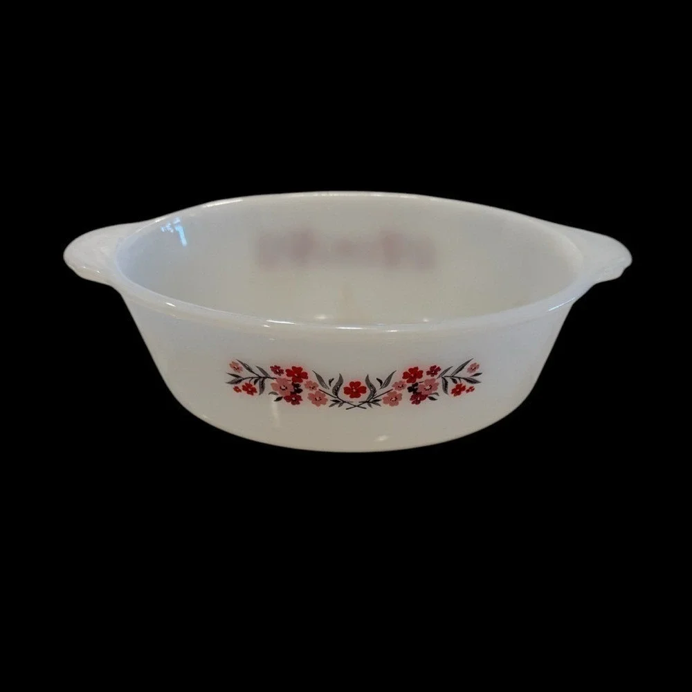 Fire King 467 White Milk Glass Baking Dish Primrose Pink Red Flowers